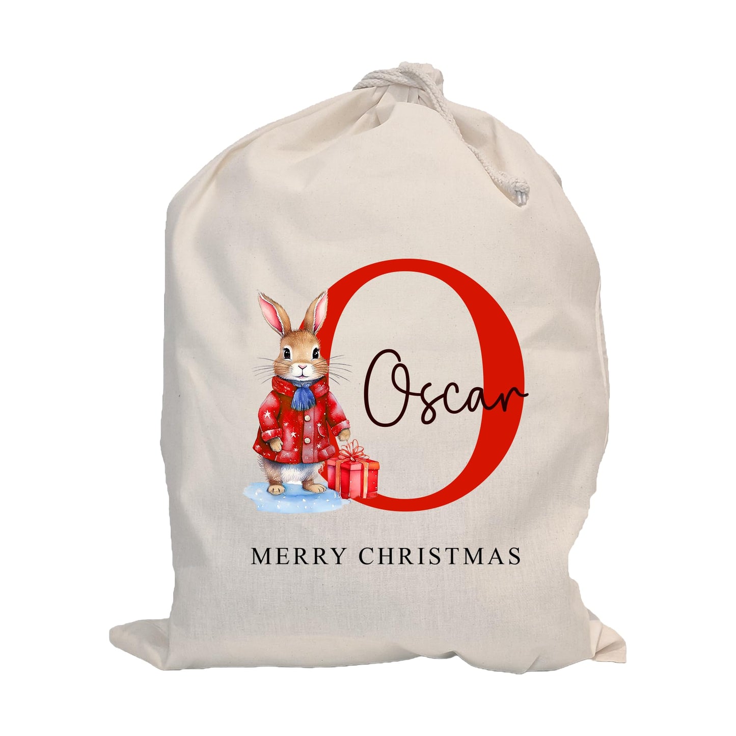 Personalised Santa Sack with Custom Name | Large Christmas Sack for Gifts | Xmas Gift Bag for Under Tree | Christmas Eve Bag | Christmas Stocking Alternative - Red Initial Reindeer (Cotton)