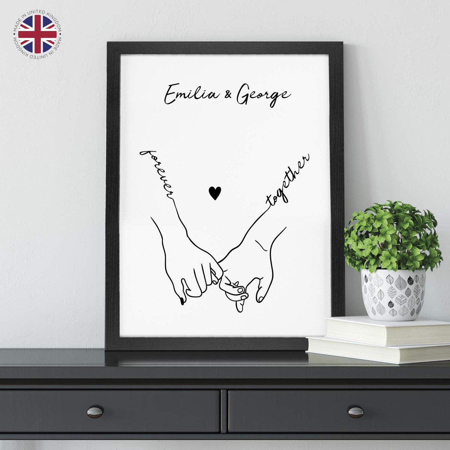 Personalised Couple Holding Hands Art Print | Gift Idea for Wedding, Engagement, Valentines or Anniversary | Minimalist Style Print | A3, A4 and A5 Wood Effect Frames Available