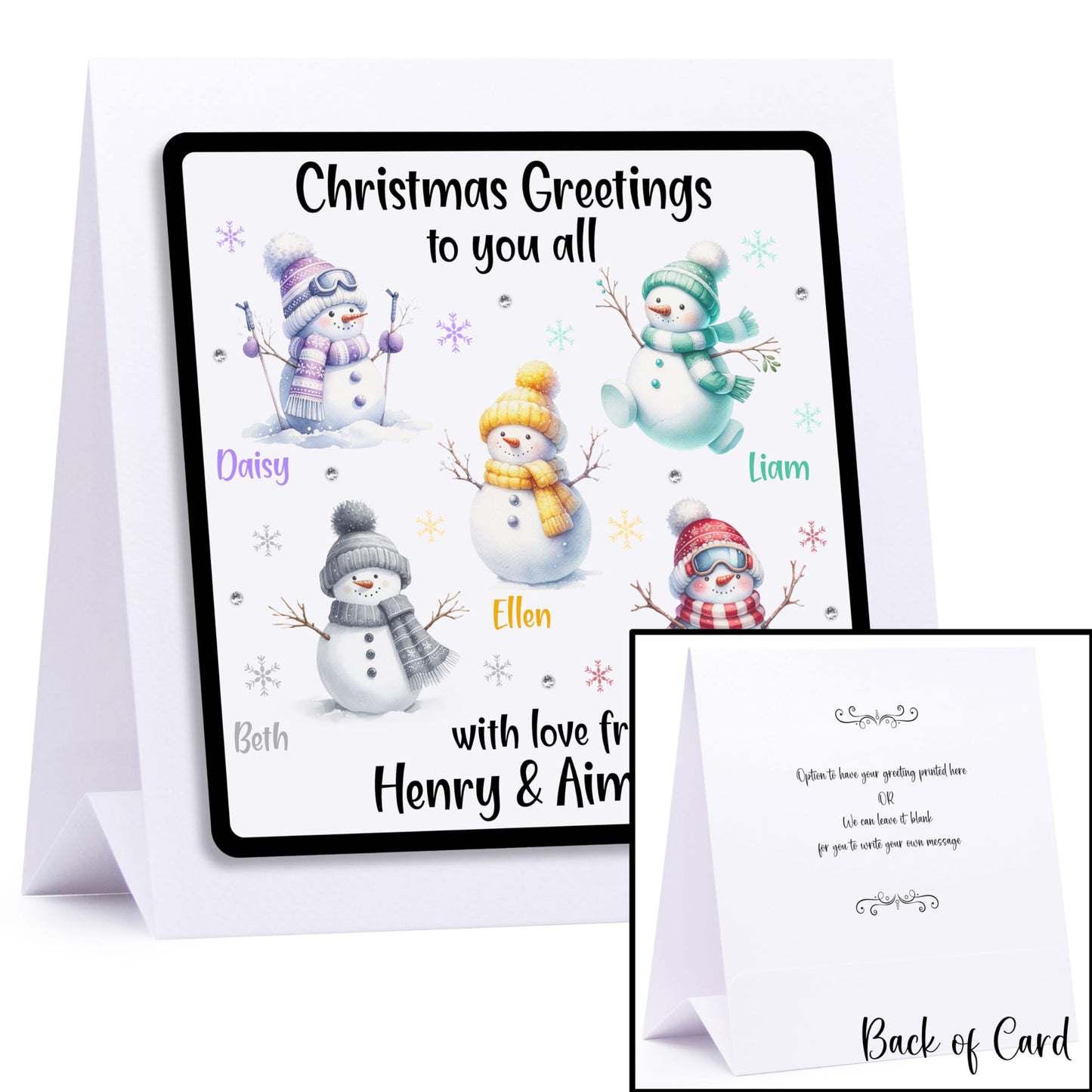 Personalised Christmas Card Family Christmas Card Snowmen - Embellished With Glittering Crystals From Swarovski Family or Couple 1-12 names