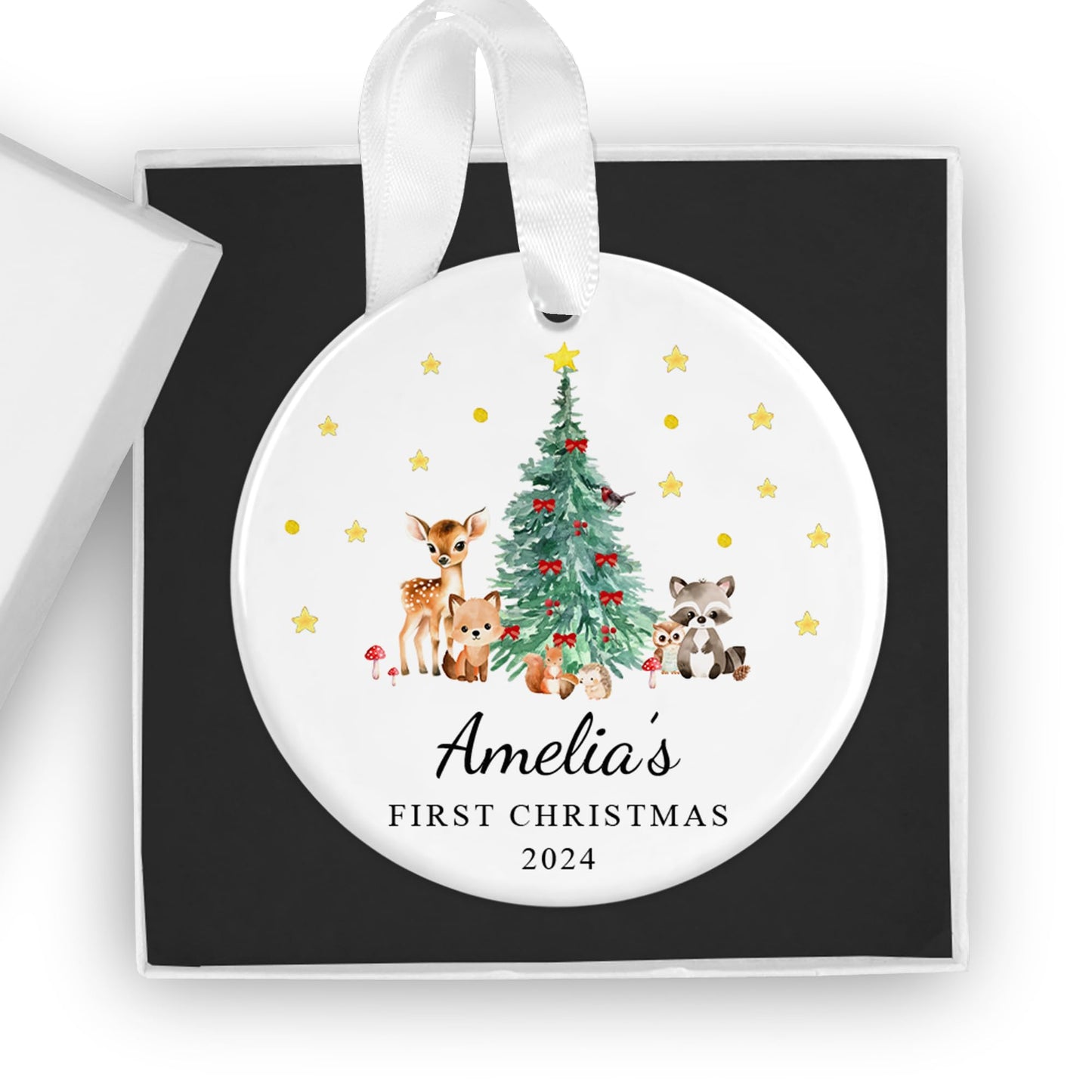 Personalised Baby's First Christmas Ornament - Custom 2024 Ceramic Keepsake Bauble - Gift Box Included - Ideal for Boys & Girls (Night Sky Rabbit (Pink))