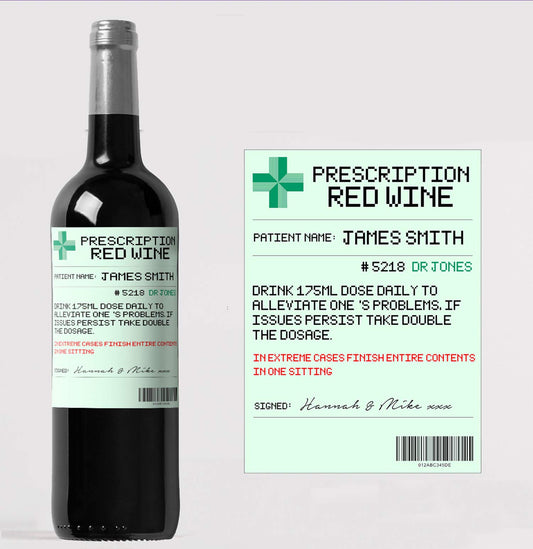 Personalised Prescription Red Wine Bottle Label Custom - Any Wording