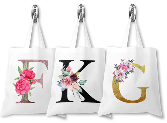 Personalised Tote Bag, Initial Tote Bag, Floral Watercolour Bag, Pink, Black or Rose Gold, Gift For Her, Alphabet Letter Tote Bag, Custom Floral Gift Bag, Bridesmaid Bag, Womens Bag