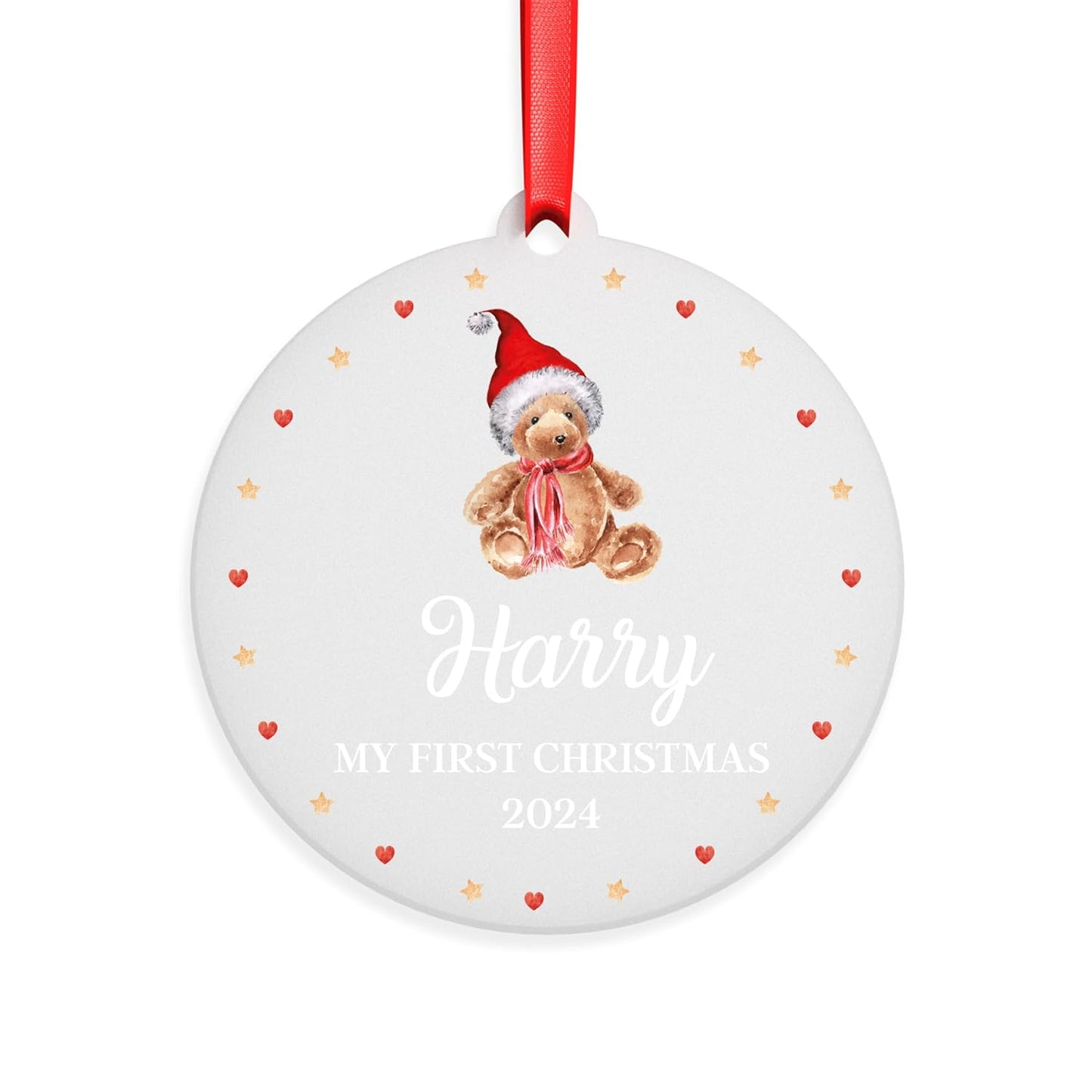 Beecreative Babys 1st Christmas Bauble - Personalised Babys First Christmas Decoration - New Baby Christmas - Teddy Bear Decoration - With Red Bag