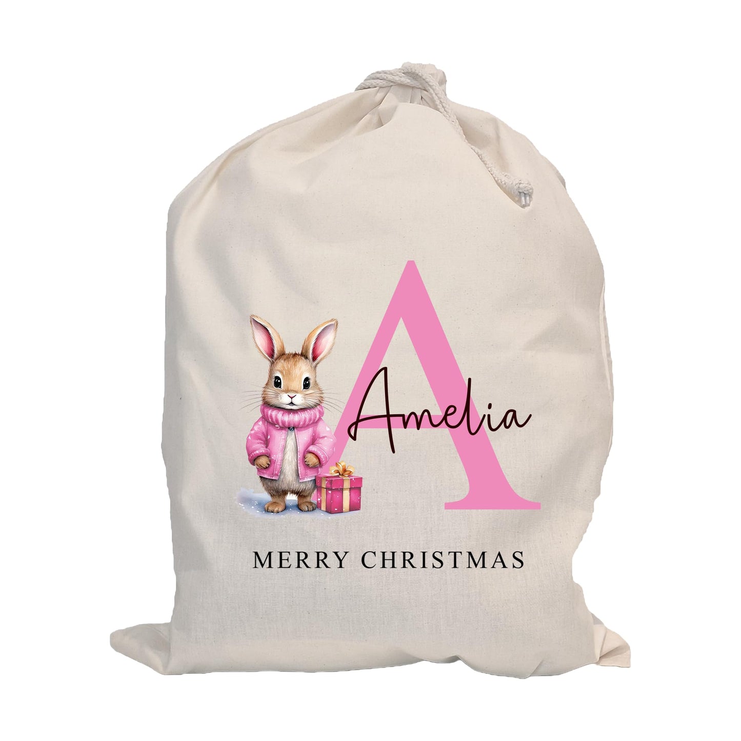 Personalised Santa Sack with Custom Name | Large Christmas Sack for Gifts | Xmas Gift Bag for Under Tree | Christmas Eve Bag | Christmas Stocking Alternative - Red Initial Reindeer (Cotton)