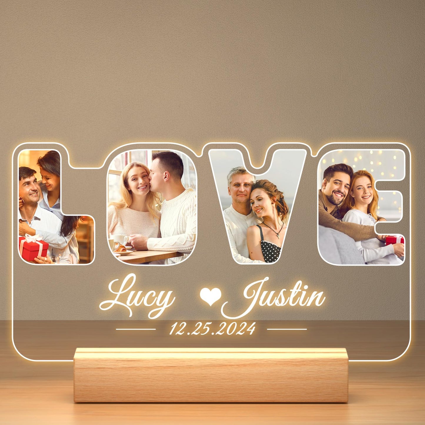 Personalised Anniversary Birthday Gifts for Women & Men, Custom Photo Frame with Night Light, Personalized Acrylic Plaque with Photos, Personalised Christmas Couples Gifts for Him & Her