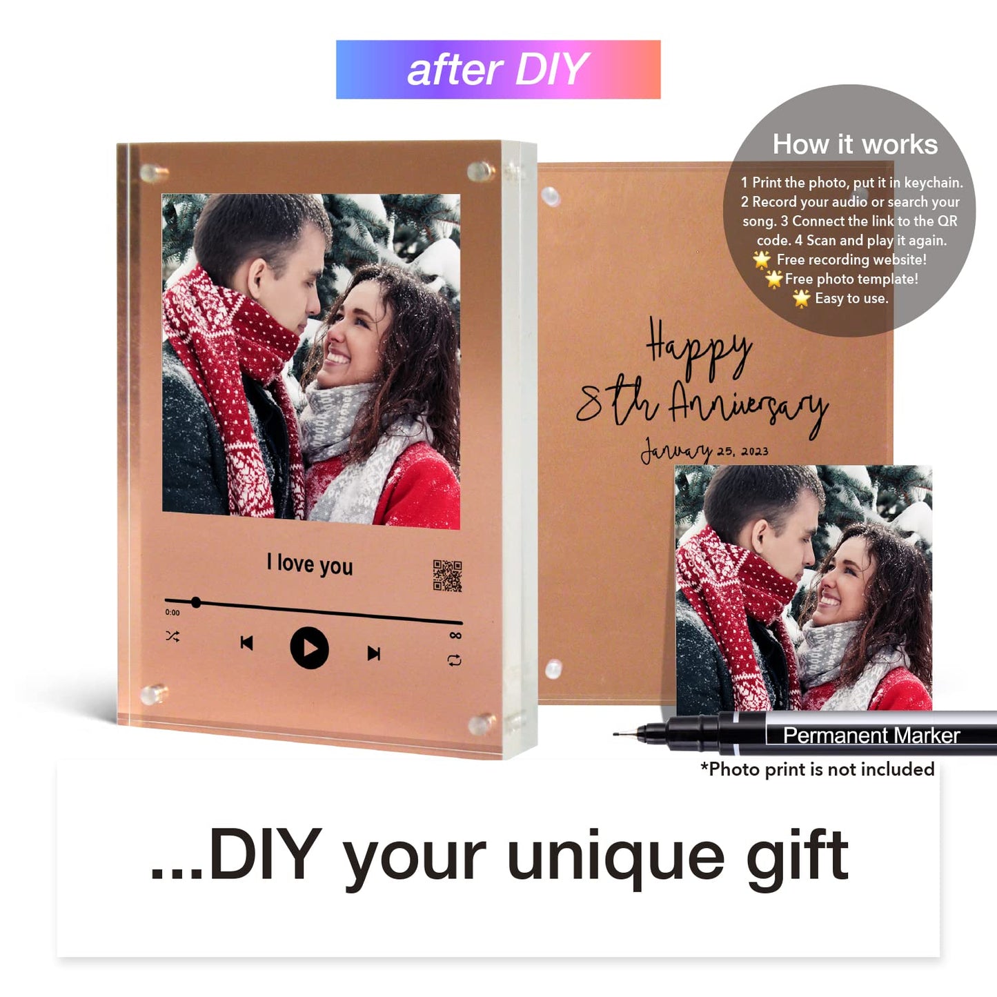 IGREAN "I Love You" Audio Photo Acrylic for DIY | With QR Code Link to Recording or Song | Christmas Gift | Bronze 8th Anniversary Gift for her or him, 9 * 13 * 2cm, Christmas Gift