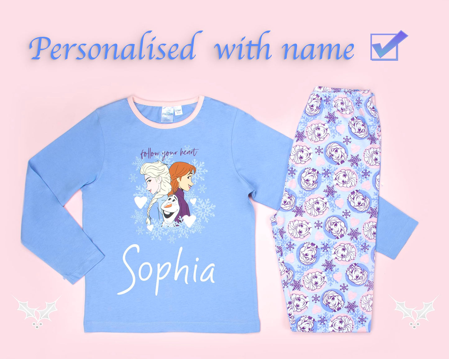 Disney - Personalised Frozen Long Sleeve Pyjama - 100% Cotton, Soft & Warm Winter PJs for Girls - Anna & Elsa Design - Great