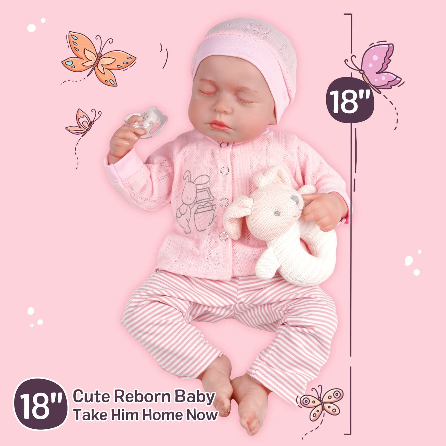 JIZHI Reborn Dolls - 17 inch Soft Body Lifelike-Newborn Baby Dolls Sleeping Girl Dolls with Clothes and Toy Accessories Gift for Kids Age 3+, Pink-hat