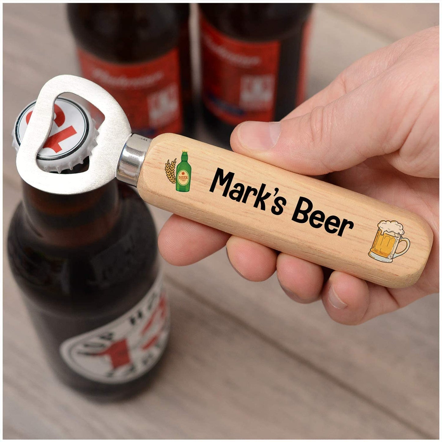 PERSONALISED Wooden Bottle Opener Gifts for Him, Dad, Grandad, Husband, Boyfriend - ANY NAME Beer Bottle Opener - Birthday, Christmas, Fathers Day Gift Ideas for Men - Home Bar Pub Accessories