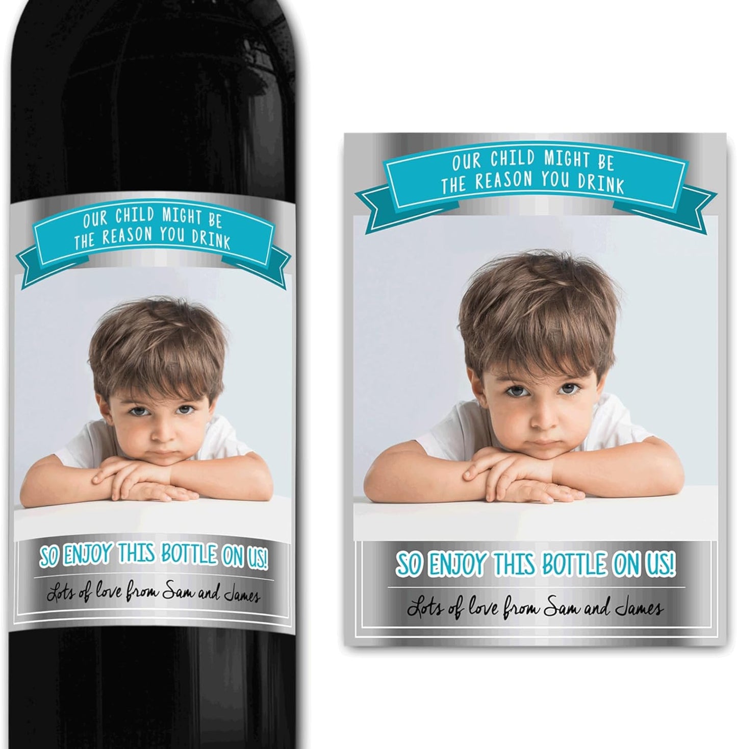 Personalised 'Our Child Might be The Reason You Drink' Photo red Wine Bottle Label, Any Wording