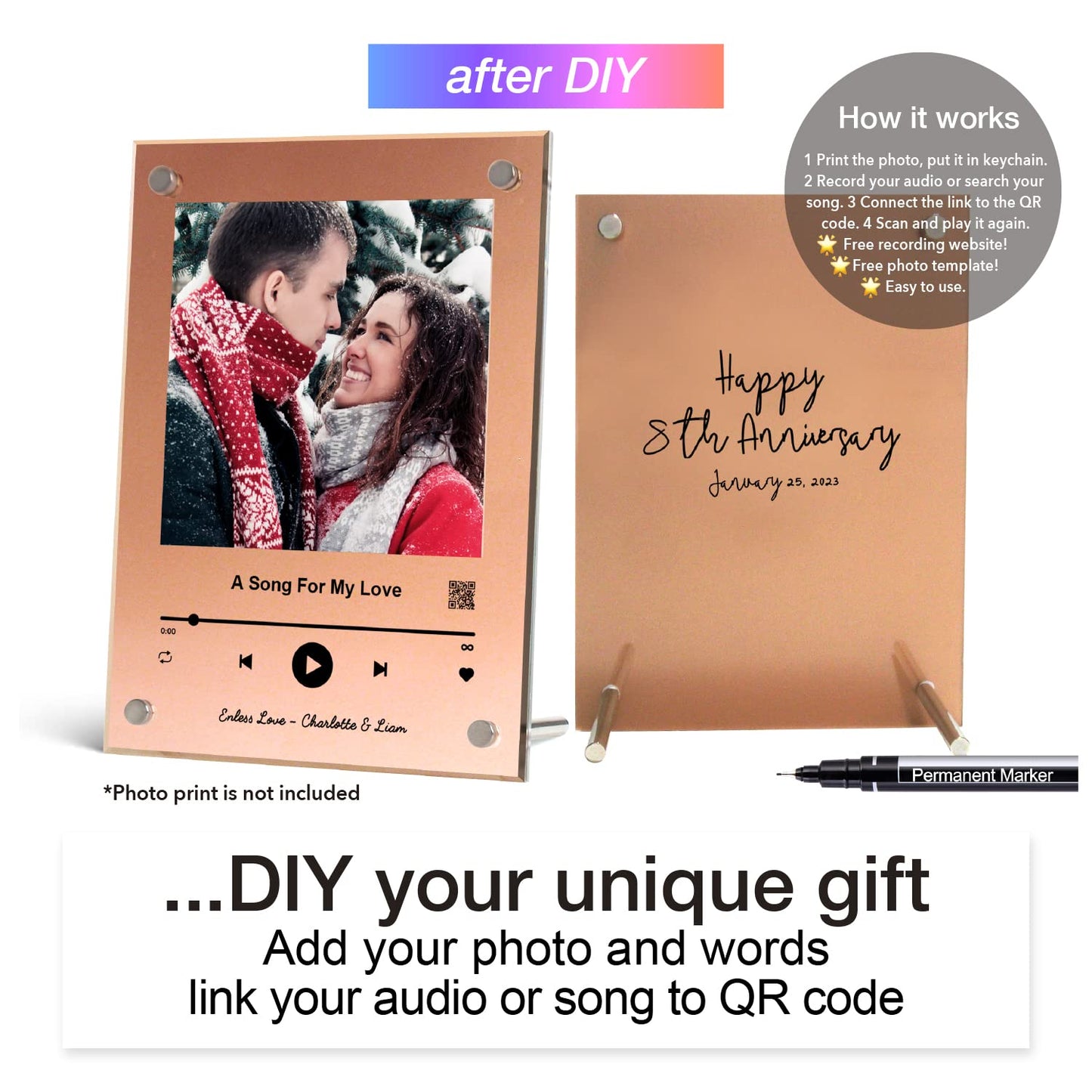 Photo Acrylic With QR Code Linked to Song| Music Plaque Frames | Christmas Gift | Heart Shape Bronze 8th Anniversary Gift for wife, 13.4 * 18 * 0.5cm, Christmas Gift