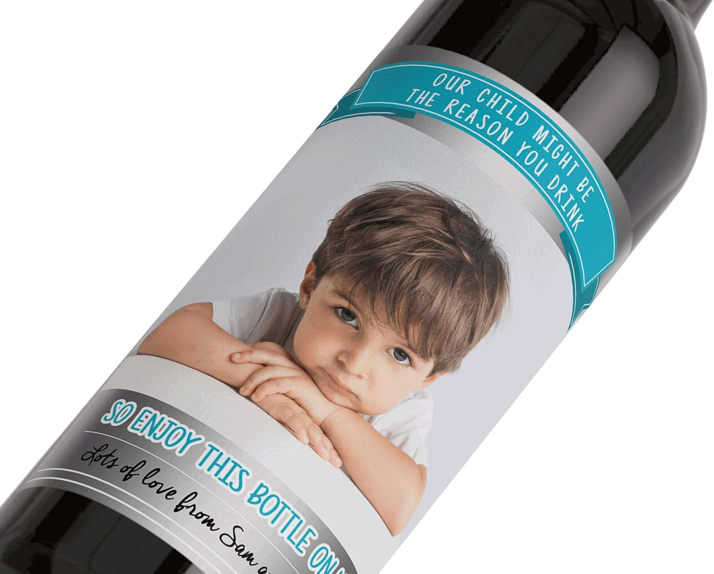 Personalised 'Our Child Might be The Reason You Drink' Photo red Wine Bottle Label, Any Wording