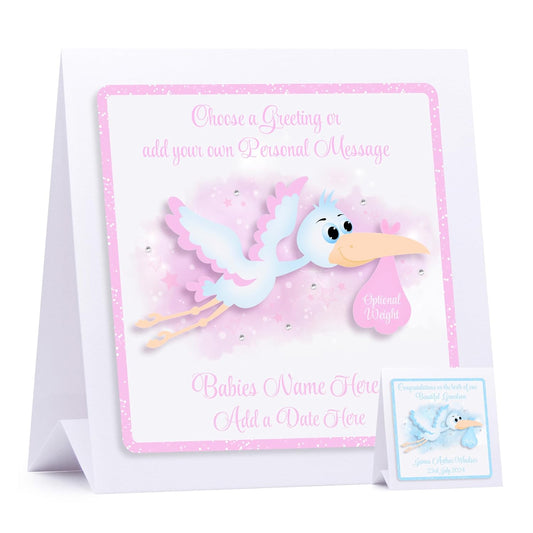 Personalised New Baby Boy Card - New Baby Girl Card - New Baby Grandson Card -New Baby Granddaughter Card - 3D Stork