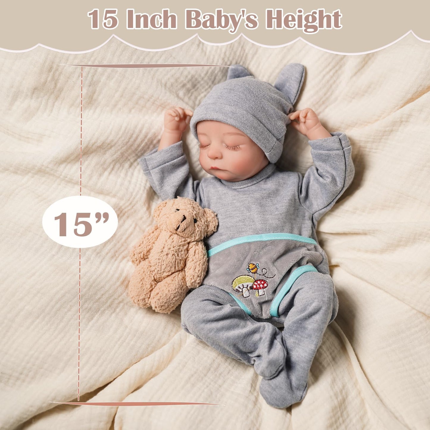 BABESIDE Reborn Baby Doll, 15 Inch Realistic Baby Doll Boy, Lifelike Newborn Baby Doll Soft Body with Full Set of Accessories for Kids Age 3+