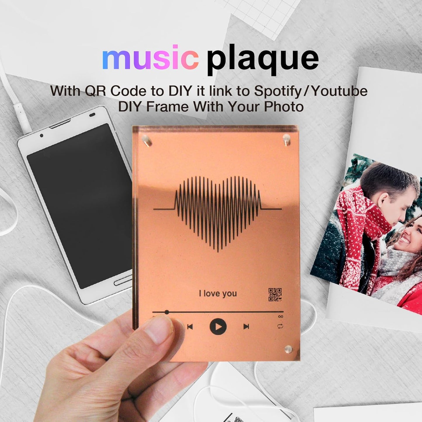 IGREAN "I Love You" Audio Photo Acrylic for DIY | With QR Code Link to Recording or Song | Christmas Gift | Bronze 8th Anniversary Gift for her or him, 9 * 13 * 2cm, Christmas Gift