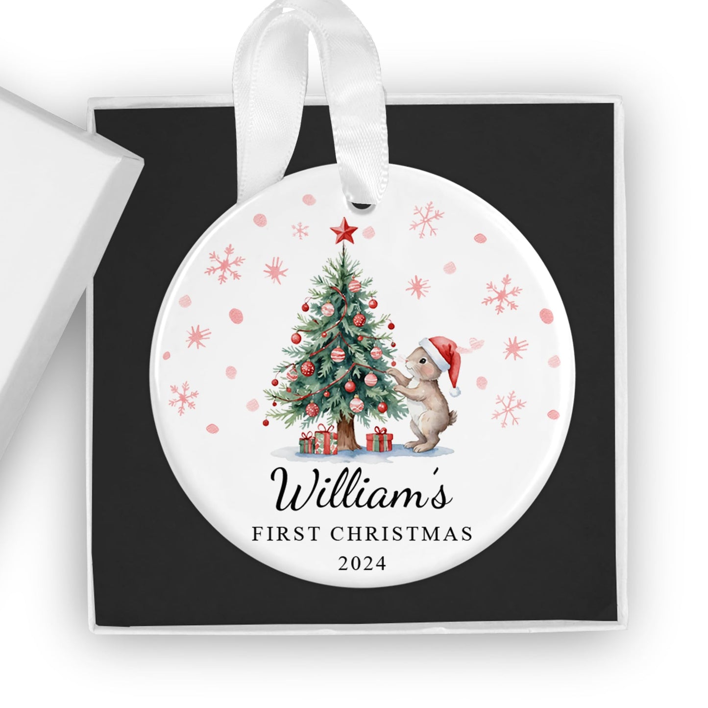 Personalised Baby's First Christmas Ornament - Custom 2024 Ceramic Keepsake Bauble - Gift Box Included - Ideal for Boys & Girls (Night Sky Rabbit (Pink))