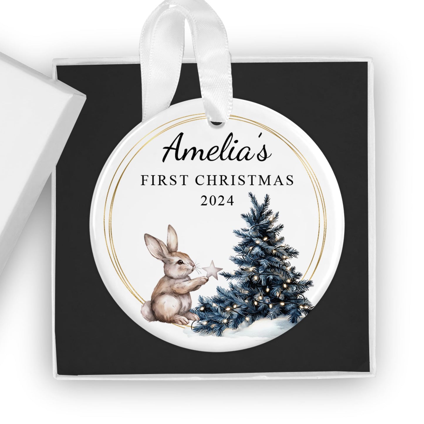 Personalised Baby's First Christmas Ornament - Custom 2024 Ceramic Keepsake Bauble - Gift Box Included - Ideal for Boys & Girls (Night Sky Rabbit (Pink))