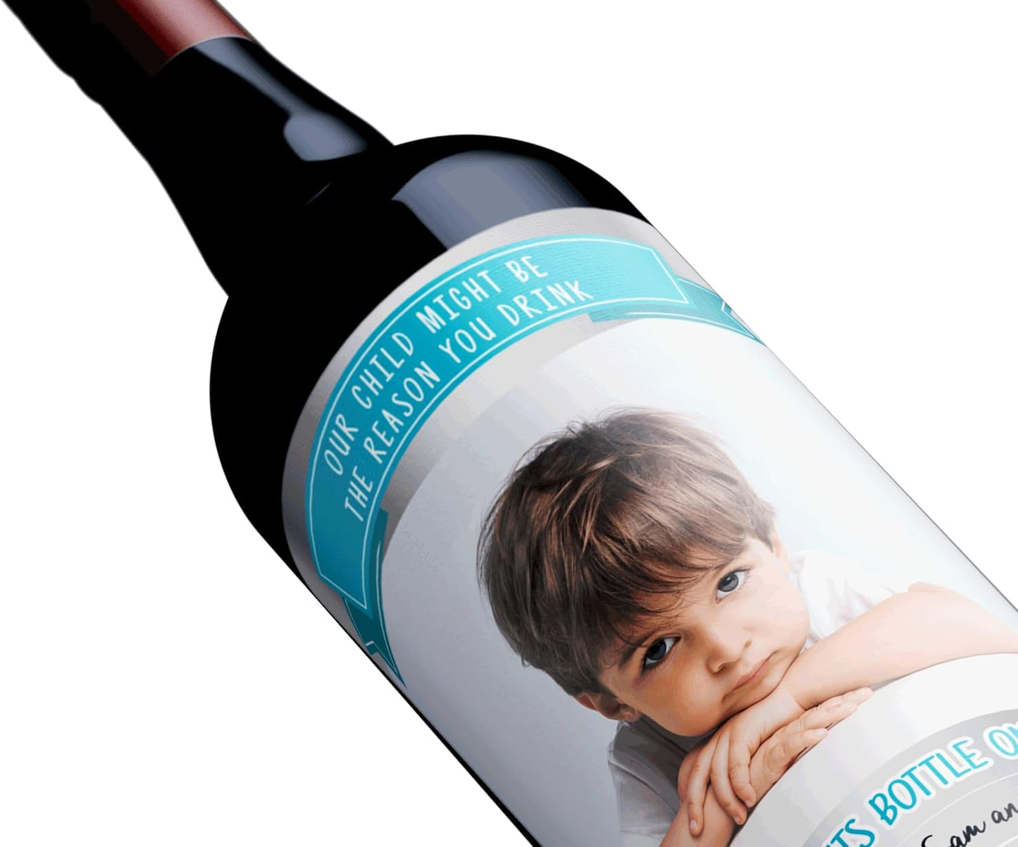 Personalised 'Our Child Might be The Reason You Drink' Photo red Wine Bottle Label, Any Wording