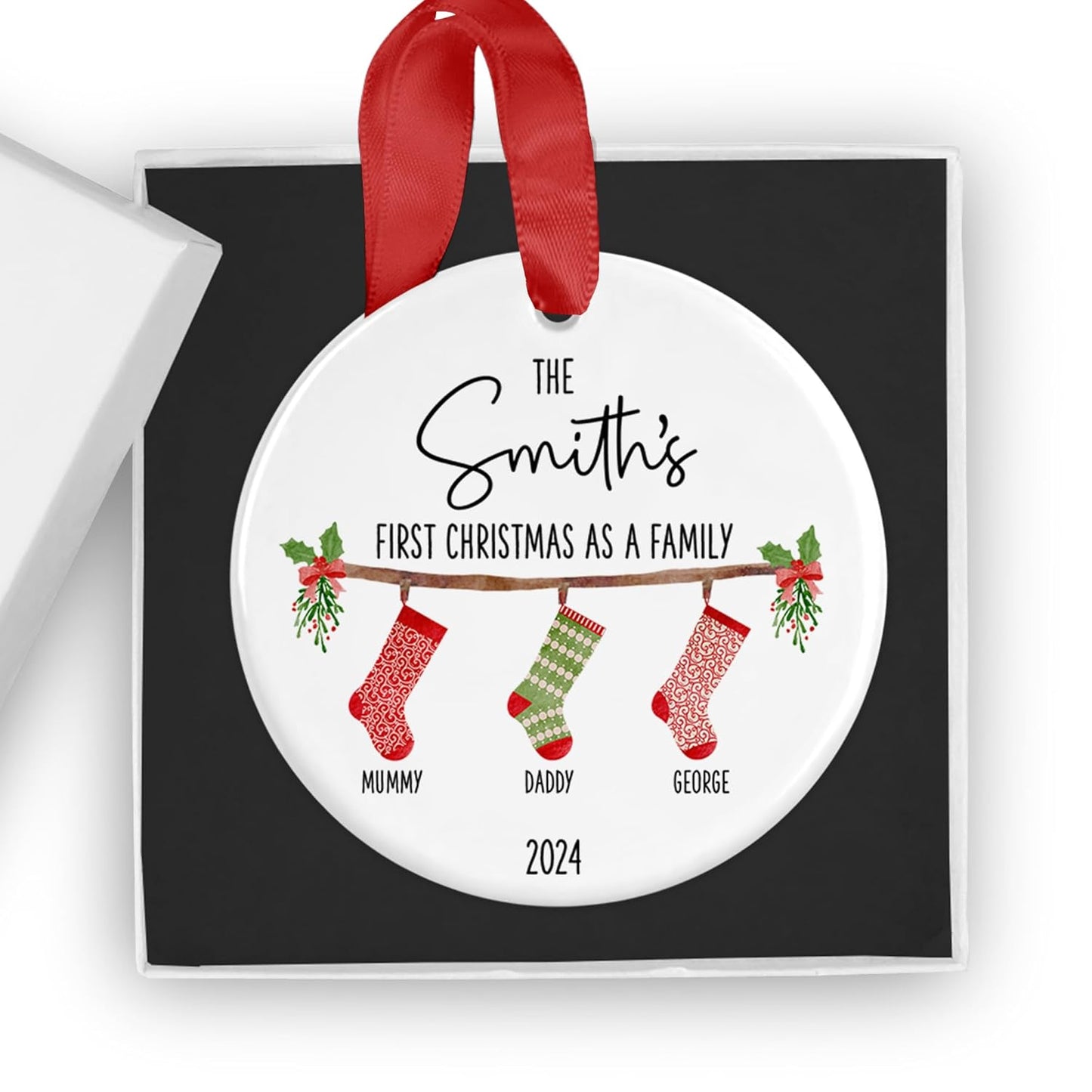 First Christmas as A Family Bauble with Gift Box, Personalised Family Christmas Ornament, Hanging Stockings, Custom 2024 Tree Decoration, Family Gift, Festive Xmas Present, Family Bauble, Keepsake