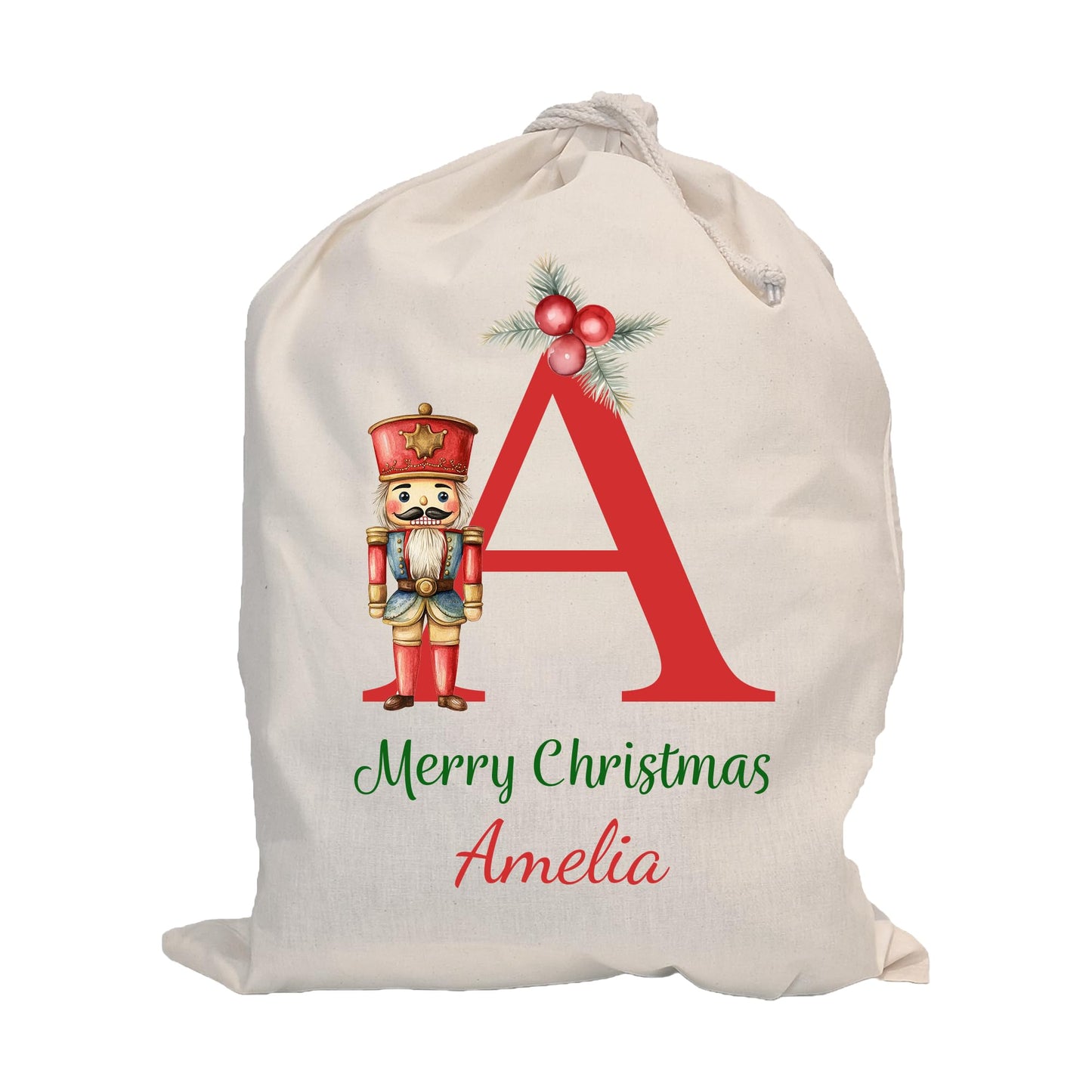 Personalised Santa Sack with Custom Name | Large Christmas Sack for Gifts | Xmas Gift Bag for Under Tree | Christmas Eve Bag | Christmas Stocking Alternative - Red Initial Reindeer (Cotton)