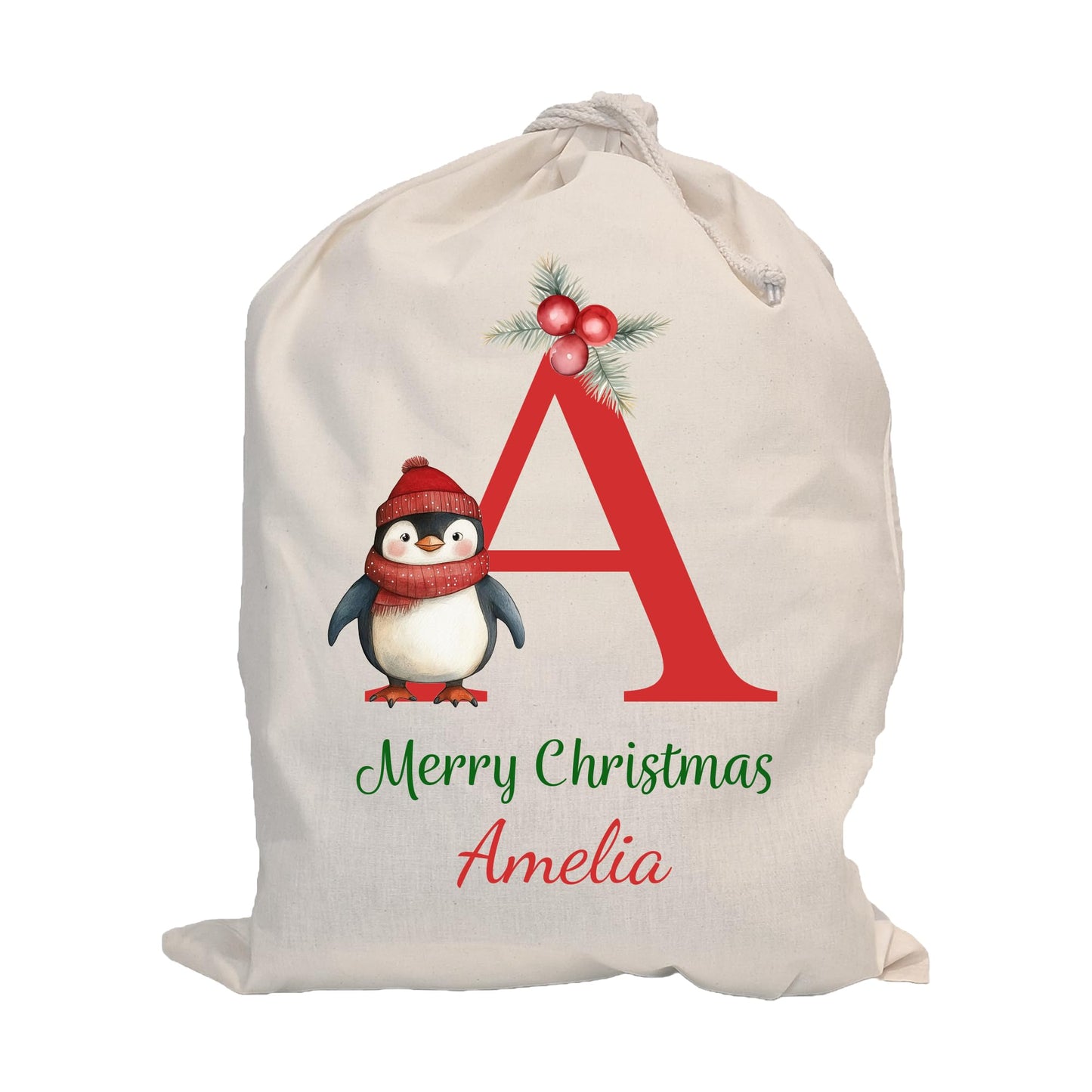 Personalised Santa Sack with Custom Name | Large Christmas Sack for Gifts | Xmas Gift Bag for Under Tree | Christmas Eve Bag | Christmas Stocking Alternative - Red Initial Reindeer (Cotton)