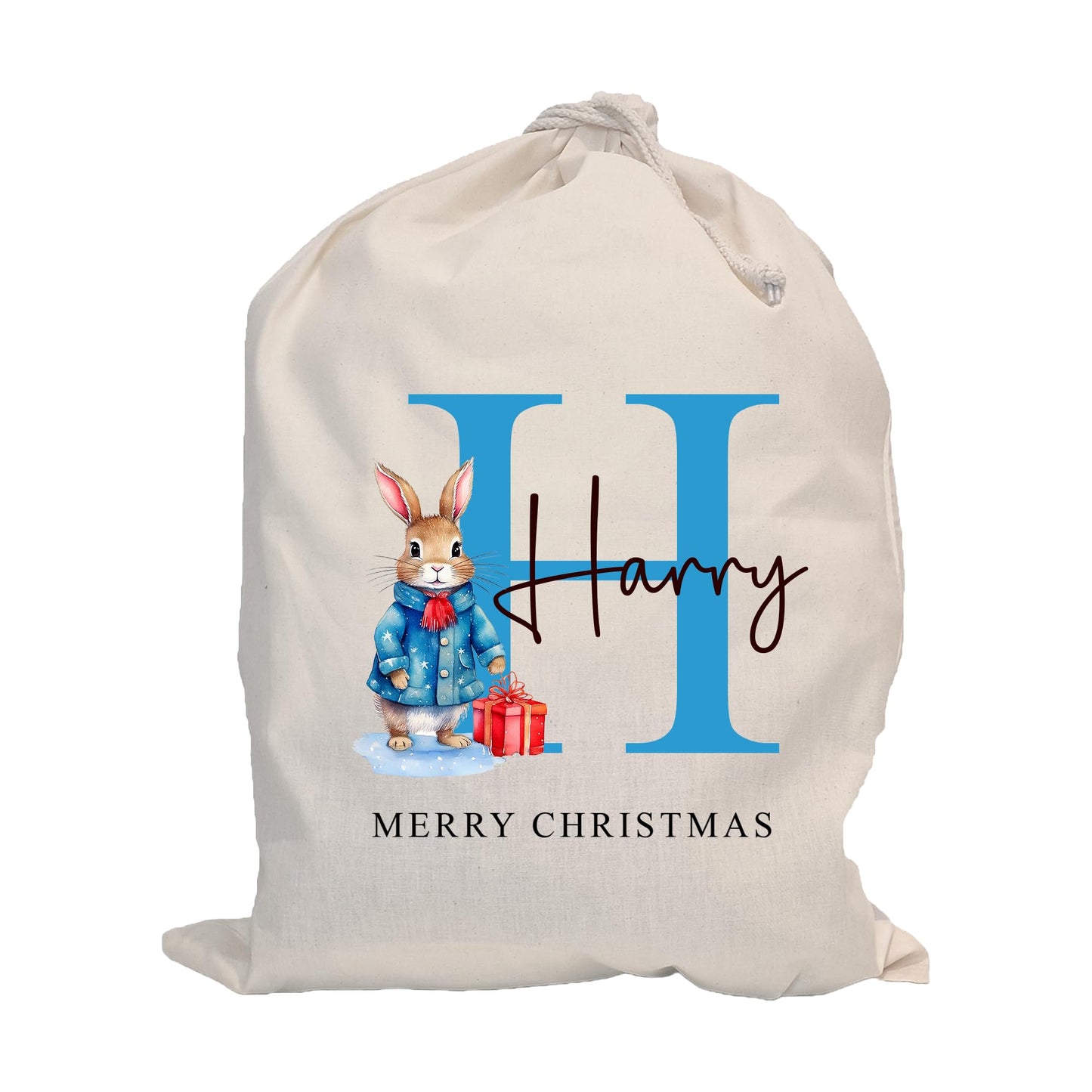 Personalised Santa Sack with Custom Name | Large Christmas Sack for Gifts | Xmas Gift Bag for Under Tree | Christmas Eve Bag | Christmas Stocking Alternative - Red Initial Reindeer (Cotton)