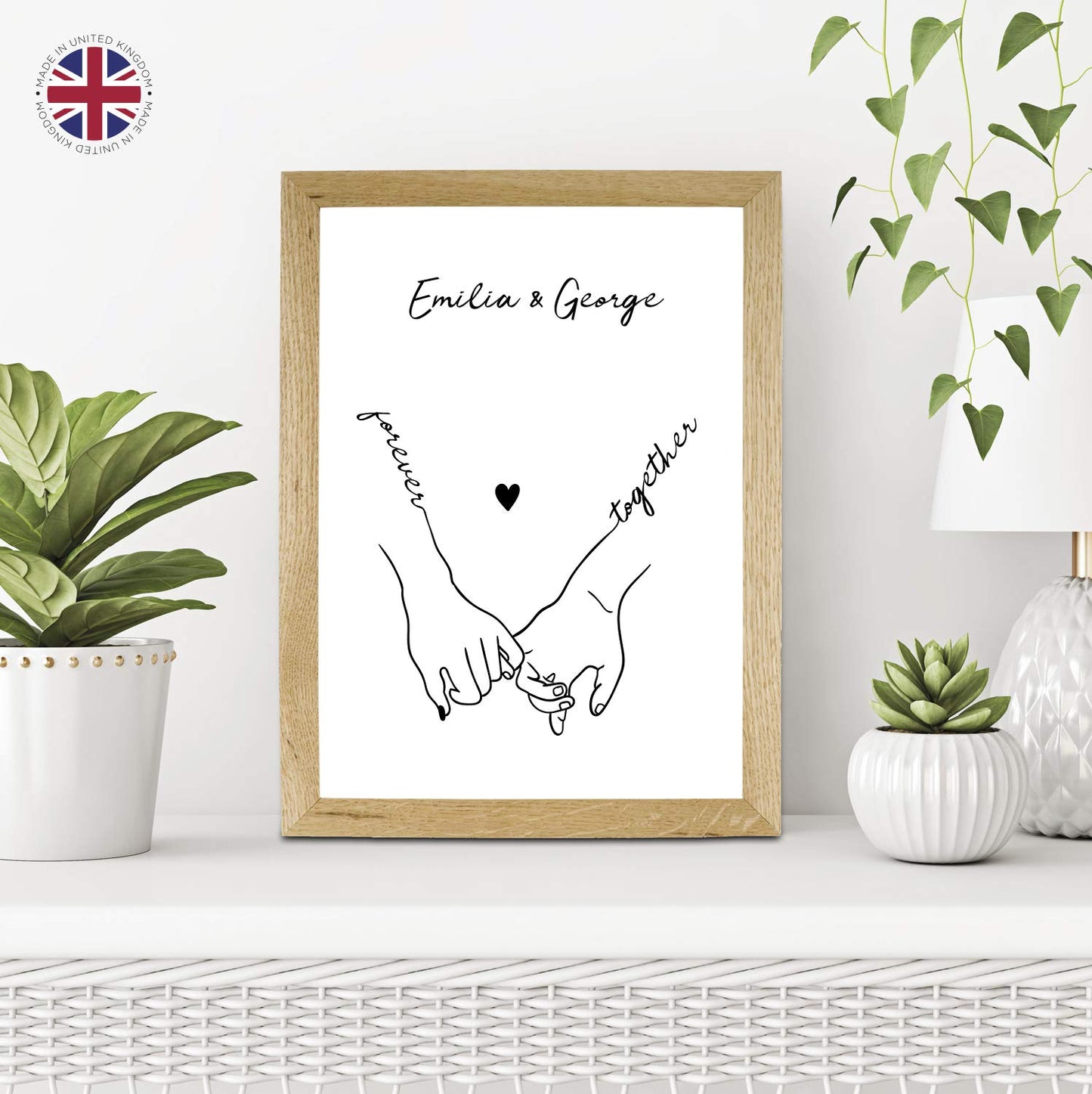 Personalised Couple Holding Hands Art Print | Gift Idea for Wedding, Engagement, Valentines or Anniversary | Minimalist Style Print | A3, A4 and A5 Wood Effect Frames Available