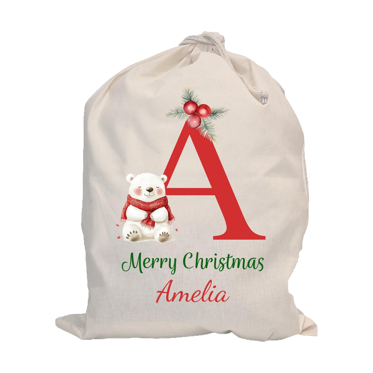 Personalised Santa Sack with Custom Name | Large Christmas Sack for Gifts | Xmas Gift Bag for Under Tree | Christmas Eve Bag | Christmas Stocking Alternative - Red Initial Reindeer (Cotton)