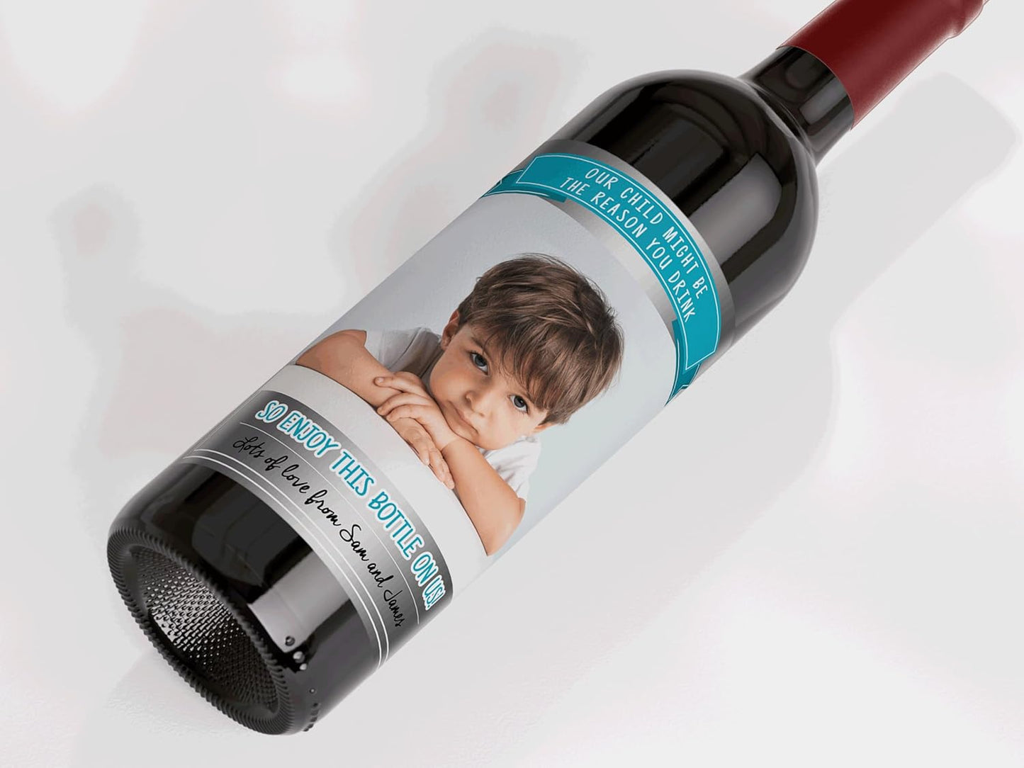 Personalised 'Our Child Might be The Reason You Drink' Photo red Wine Bottle Label, Any Wording