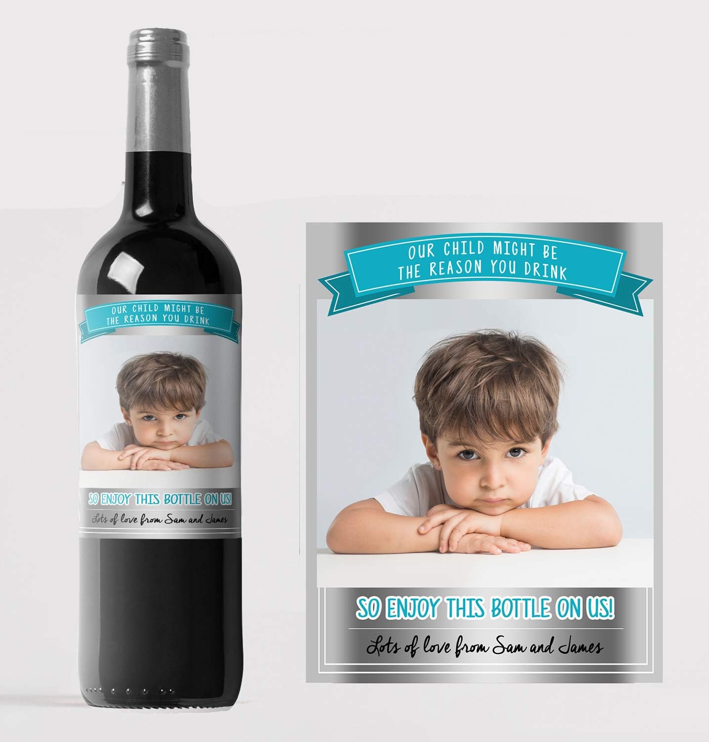 Personalised 'Our Child Might be The Reason You Drink' Photo red Wine Bottle Label, Any Wording