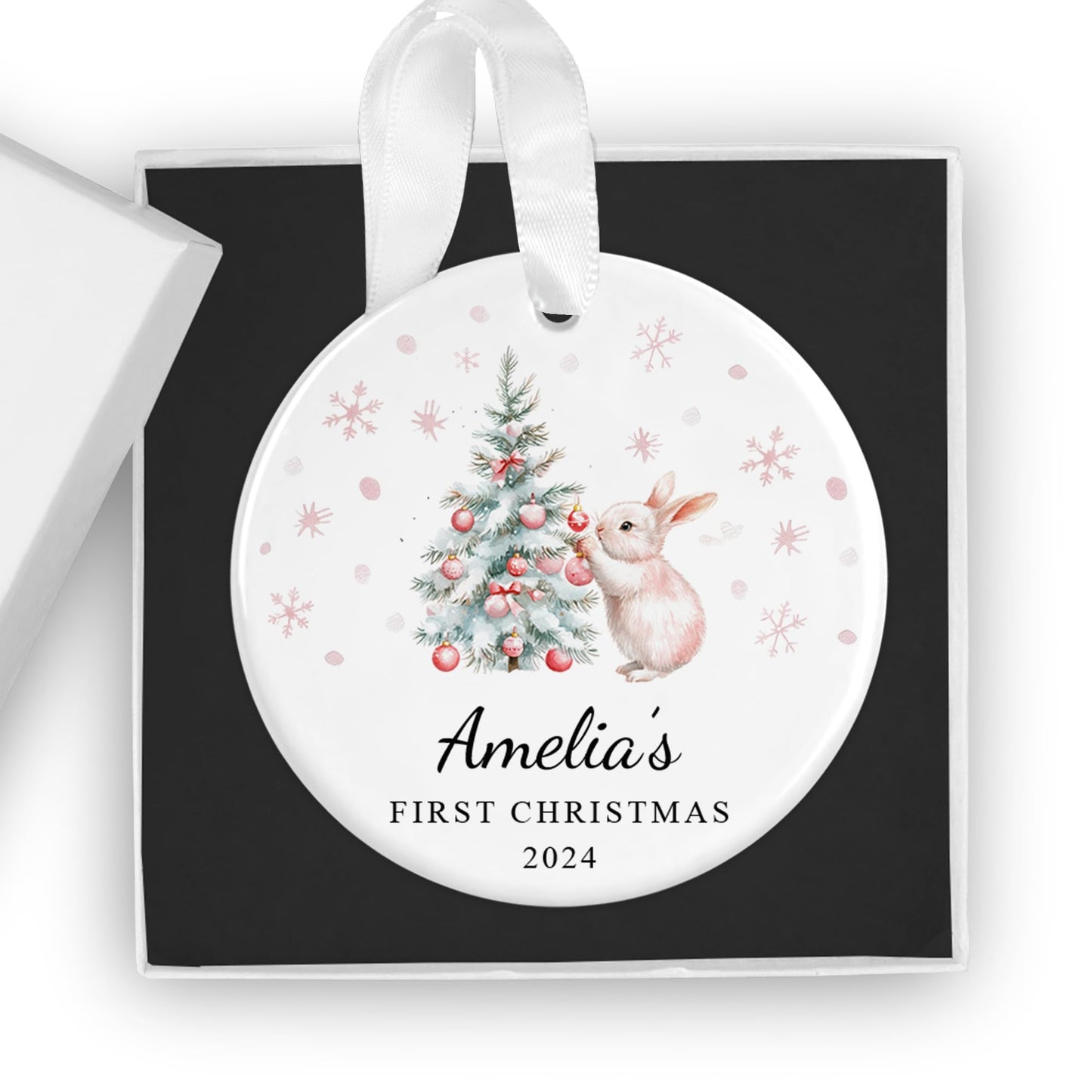 Personalised Baby's First Christmas Ornament - Custom 2024 Ceramic Keepsake Bauble - Gift Box Included - Ideal for Boys & Girls (Night Sky Rabbit (Pink))