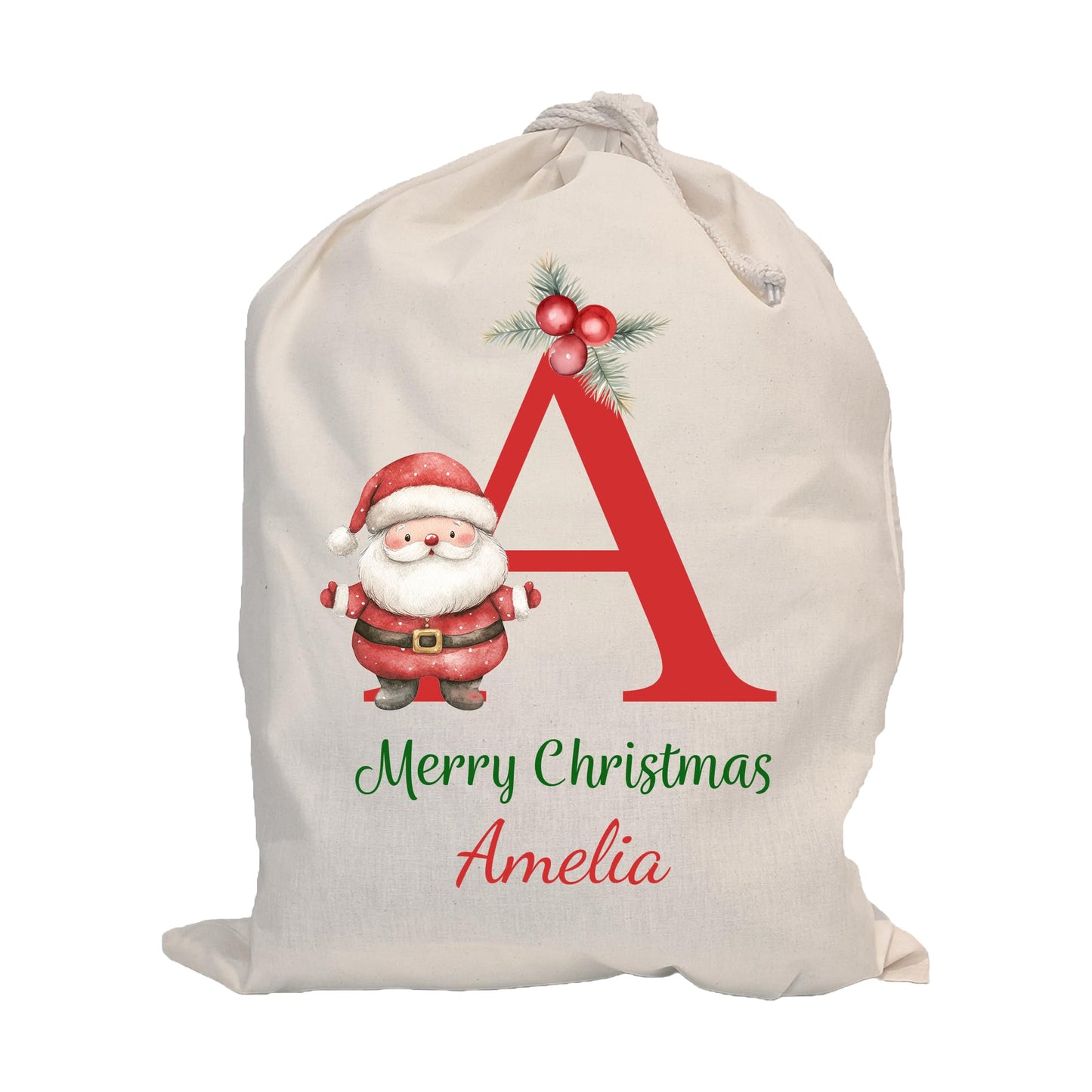 Personalised Santa Sack with Custom Name | Large Christmas Sack for Gifts | Xmas Gift Bag for Under Tree | Christmas Eve Bag | Christmas Stocking Alternative - Red Initial Reindeer (Cotton)