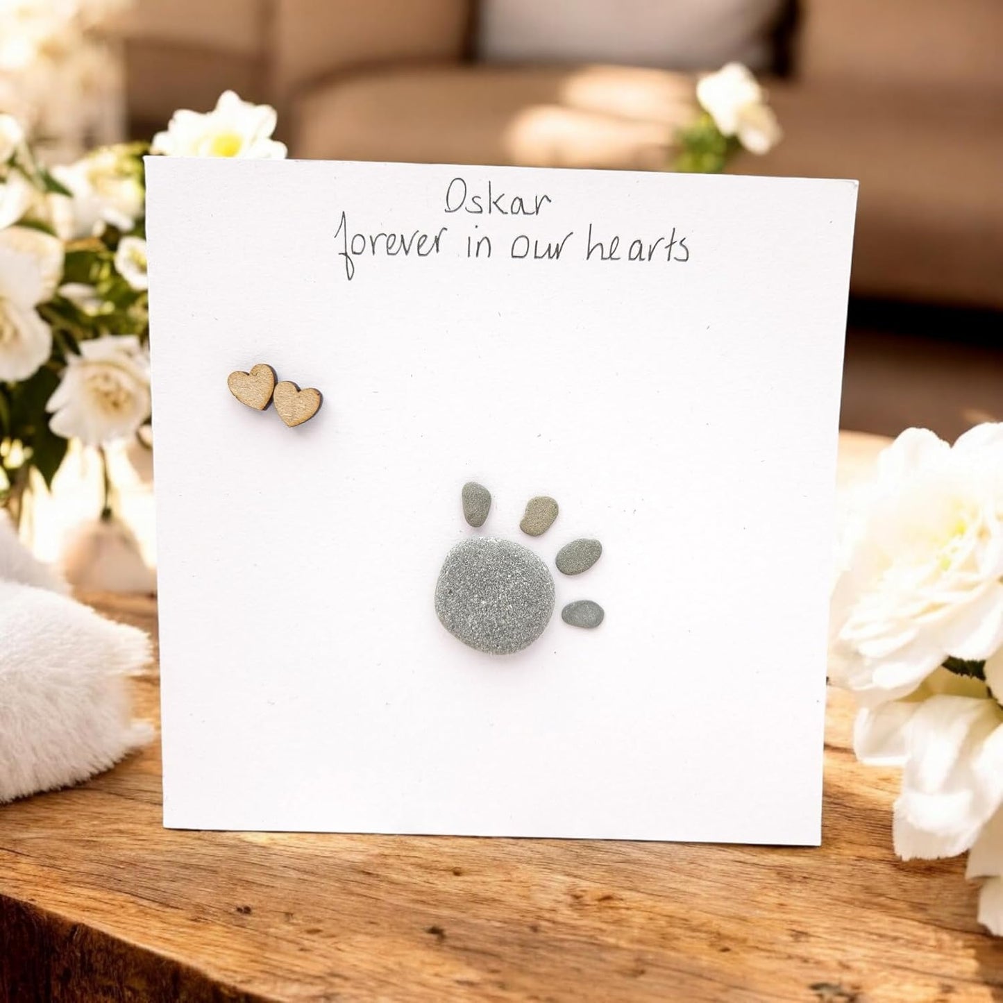 Pet Loss Personalised Sympathy Card - Rainbow Bridge - Dog, Cat Paw Print - Pebble Art Picture