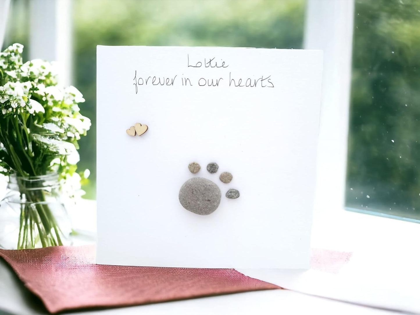 Pet Loss Personalised Sympathy Card - Rainbow Bridge - Dog, Cat Paw Print - Pebble Art Picture