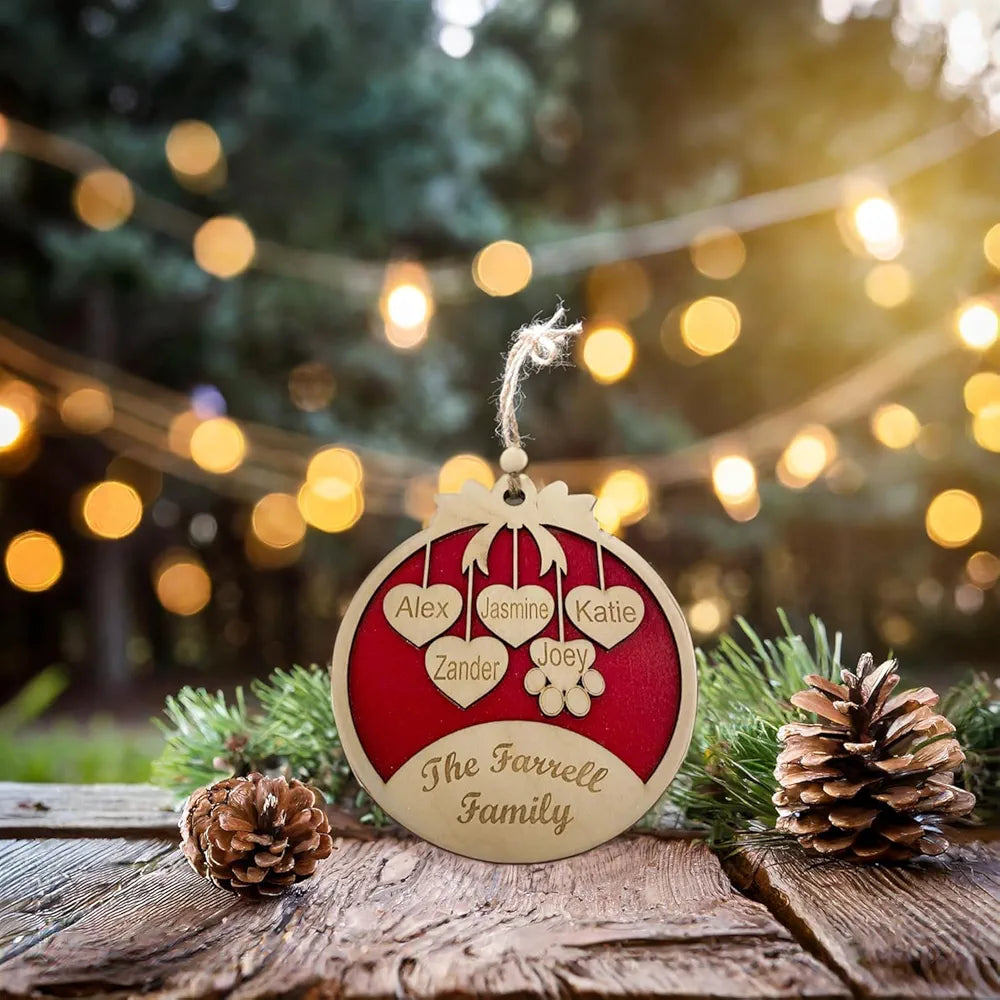 Laser Amore Large Personalised Christmas Bauble - Red Glitter Wooden Hanging Xmas Tree Decoration with Family and Pets Names, Family Christmas Ornament Gift - Perfect for Xmas Decorations