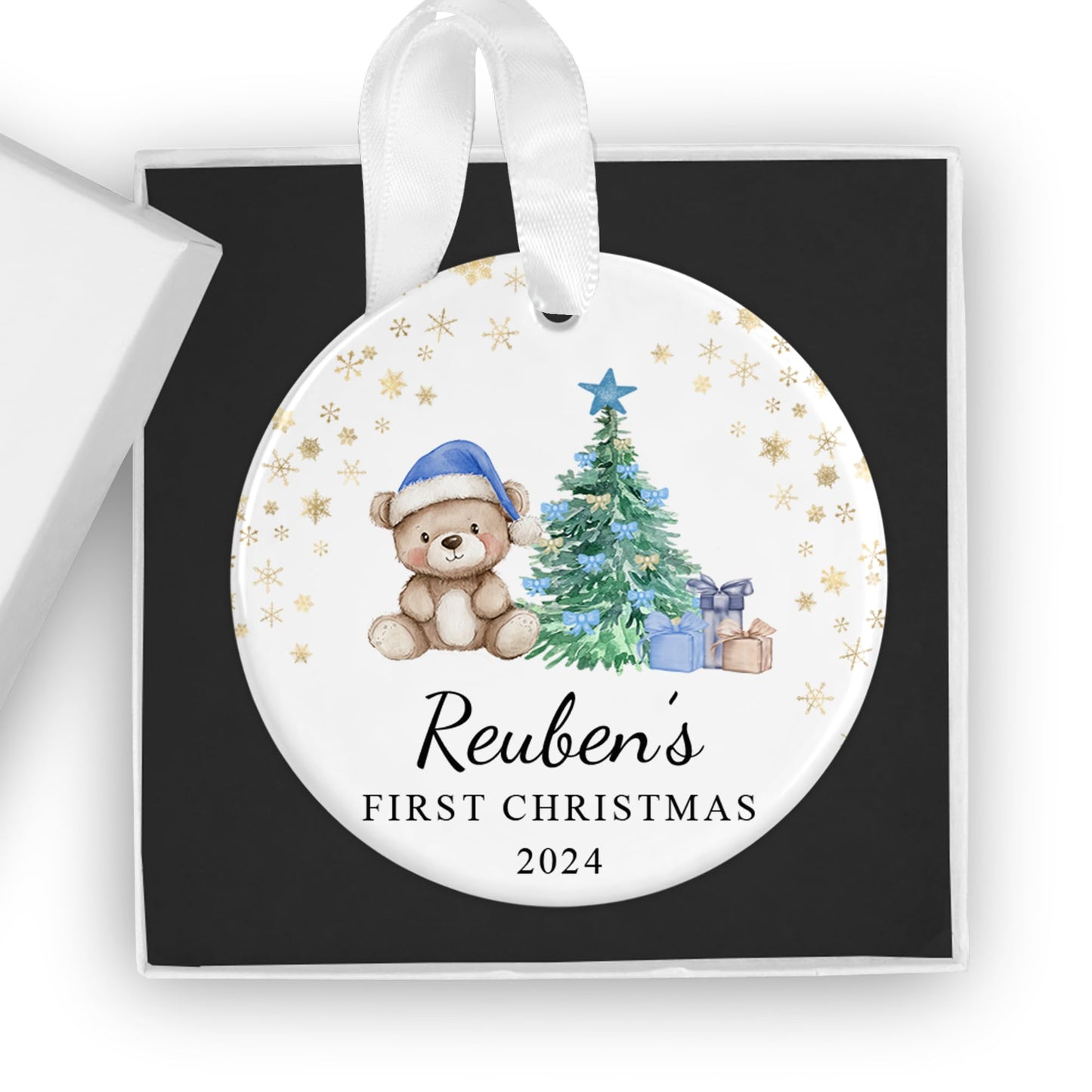 Personalised Baby's First Christmas Ornament - Custom 2024 Ceramic Keepsake Bauble - Gift Box Included - Ideal for Boys & Girls (Night Sky Rabbit (Pink))