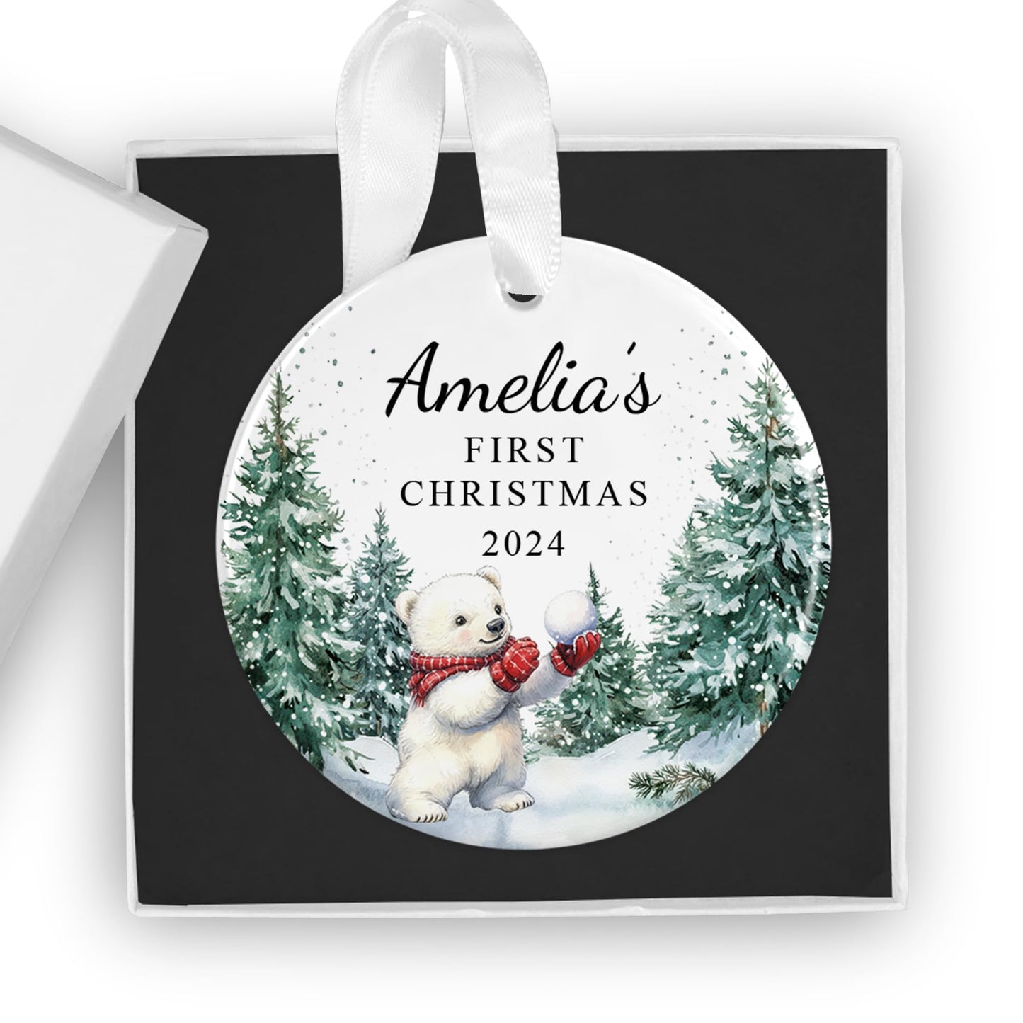 Personalised Baby's First Christmas Ornament - Custom 2024 Ceramic Keepsake Bauble - Gift Box Included - Ideal for Boys & Girls (Night Sky Rabbit (Pink))