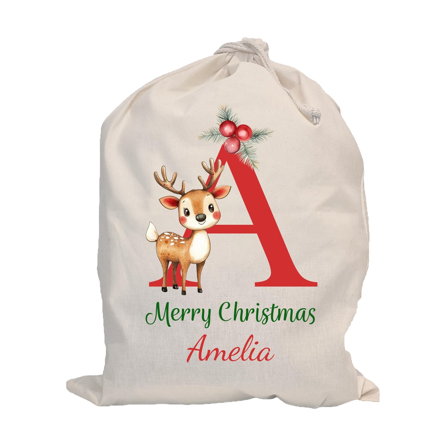 Personalised Santa Sack with Custom Name | Large Christmas Sack for Gifts | Xmas Gift Bag for Under Tree | Christmas Eve Bag | Christmas Stocking Alternative - Red Initial Reindeer (Cotton)