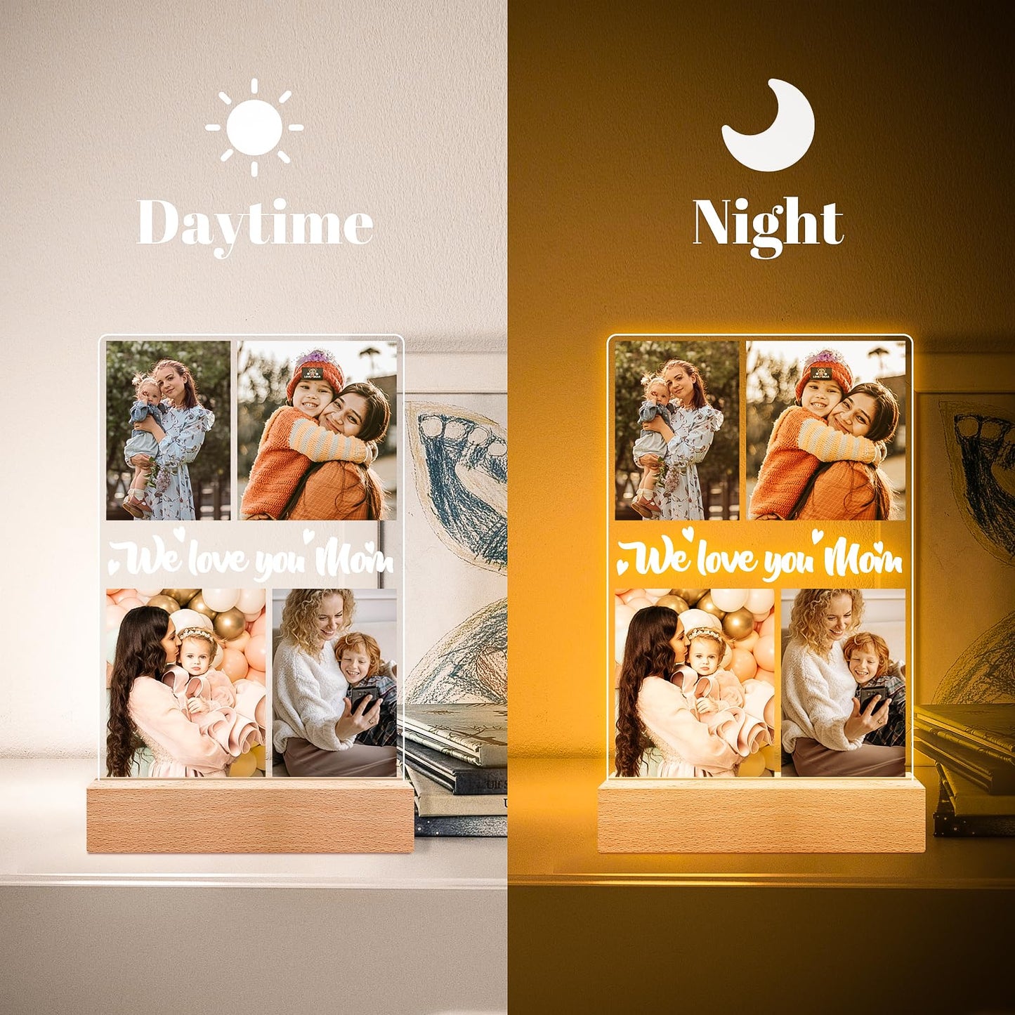 Personalised Anniversary Birthday Gifts for Women & Men, Custom Photo Frame with Night Light, Personalized Acrylic Plaque with Photos, Personalised Christmas Couples Gifts for Him & Her