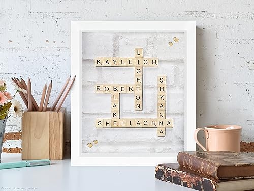 Personalise Name/Word Family Picture Frame, Wooden Alphabet Letter Tile. Handmade Gift Custom Crossword Wall Art, Wooden Glass Frame. ANY BACKGROUND