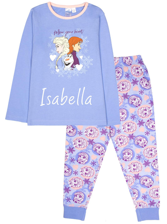 Disney - Personalised Frozen Long Sleeve Pyjama - 100% Cotton, Soft & Warm Winter PJs for Girls - Anna & Elsa Design - Great