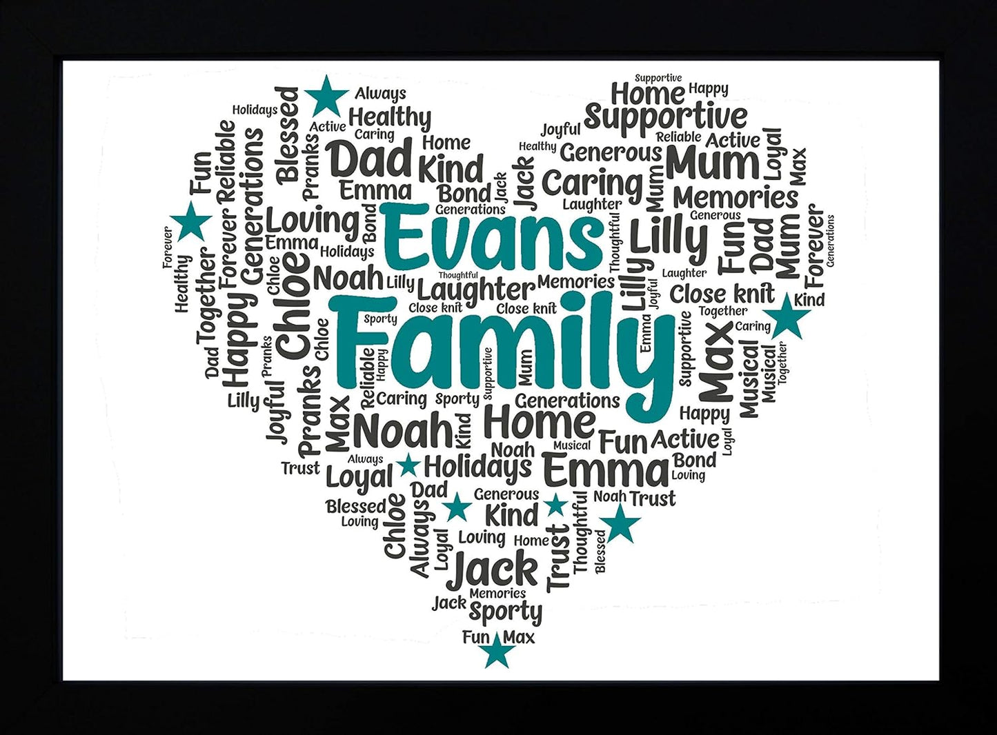 Personalised Family Print - Word Art Heart - Perfect personalised family gifts/Present Picture Wall Art Work Decor | Our Family Keepsake | A5, A4, A3 - Framed or Unframed Prints