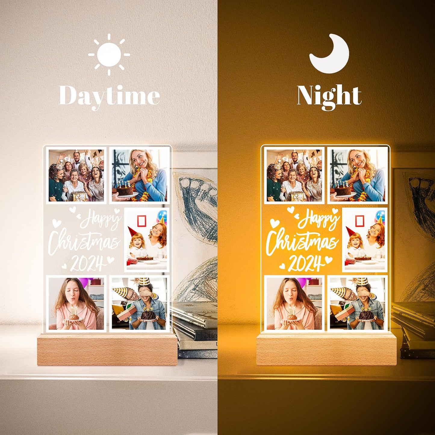 Personalised Anniversary Birthday Gifts for Women & Men, Custom Photo Frame with Night Light, Personalized Acrylic Plaque with Photos, Personalised Christmas Couples Gifts for Him & Her