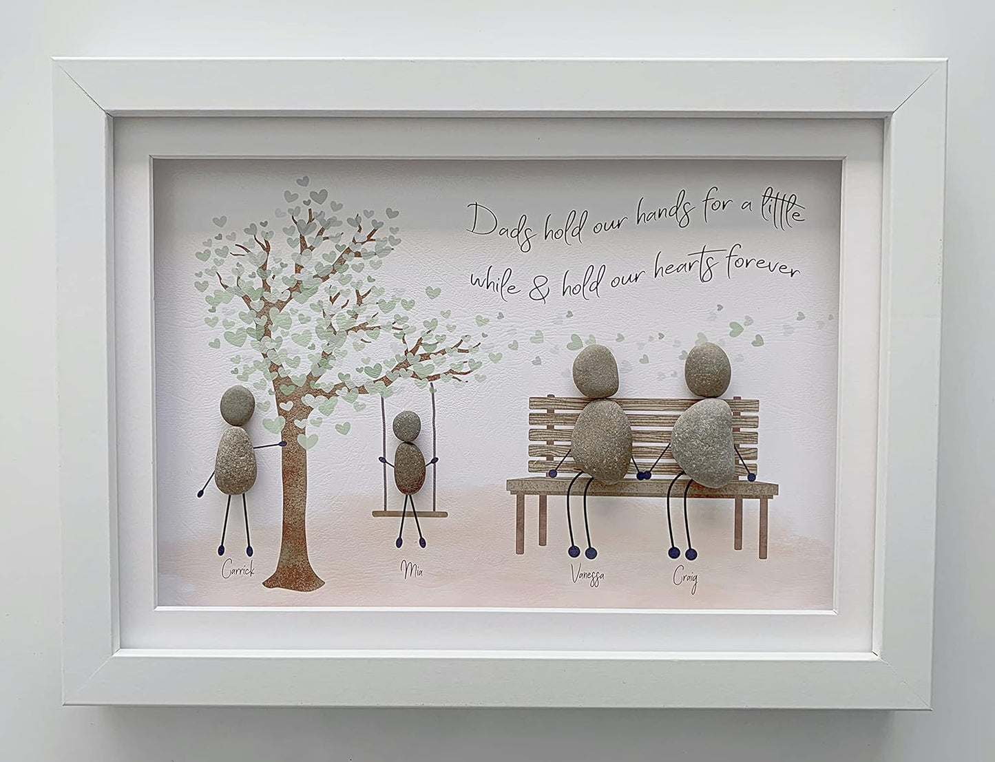 Personalised Pebble Art Picture framed and Mounted. Perfect family gift for Christmas and all occasions. Birthdays, Weddings, Anniversary, New baby, Christening, New Home. Adoption. Family bench tree