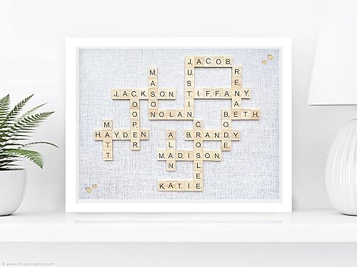 Personalise Name/Word Family Picture Frame, Wooden Alphabet Letter Tile. Handmade Gift Custom Crossword Wall Art, Wooden Glass Frame. ANY BACKGROUND