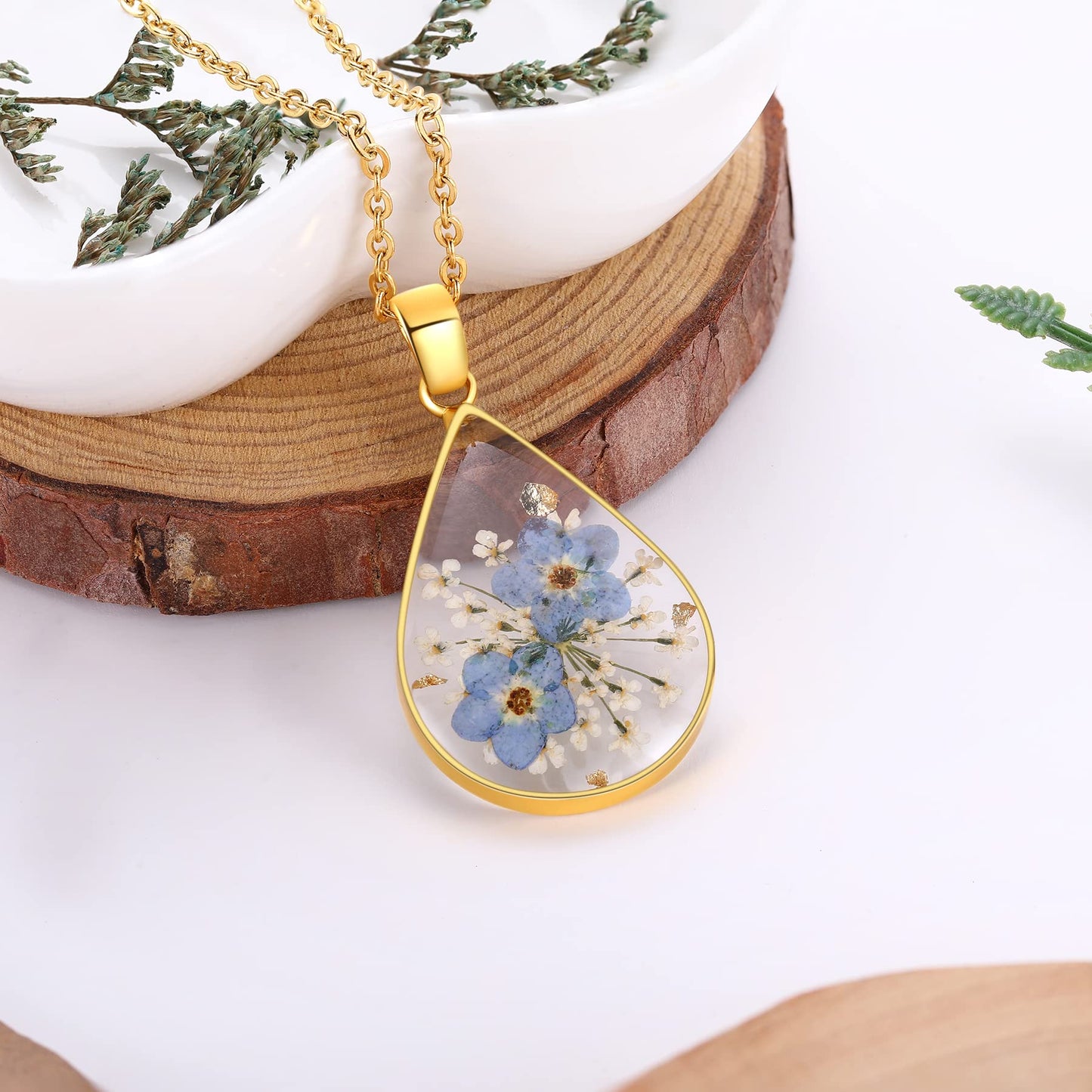 Forget-Me-Not and Queen Anne's Lace Pressed Wildflower Necklace | Gold Pressed Flower Necklace | Personalized Handmade Necklaces | Real Flower Necklace | Bridesmaid Jewelry | 18”