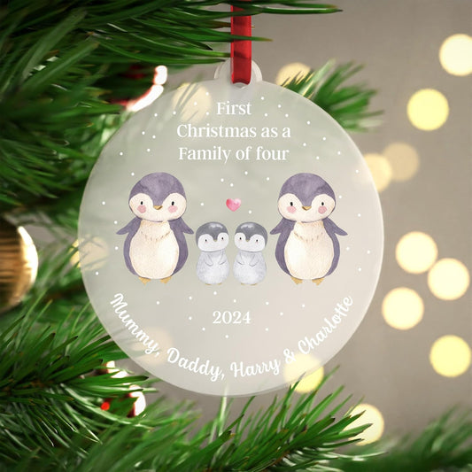 Beecreative Personalised First Christmas As A Family Of 4 Bauble, Family Of Four Xmas Decoration, Baby's First Christmas, New Baby Tree Decoration, With Red Bag