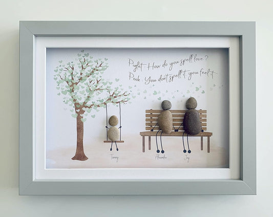 Personalised Pebble Art Picture framed and Mounted. Perfect family gift for Christmas and all occasions. Birthdays, Weddings, Anniversary, New baby, Christening, New Home. Adoption. Family bench tree