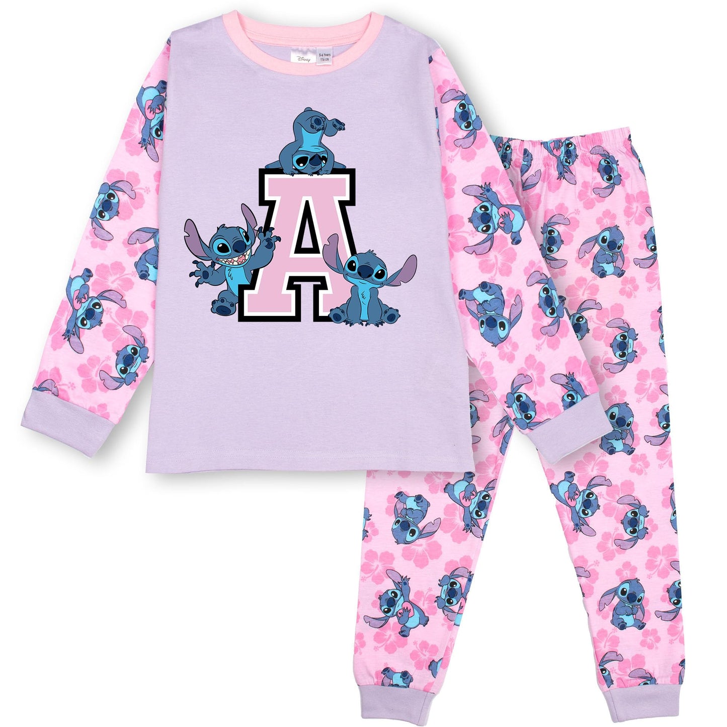 Disney Stitch Personalised Initial Pyjama for Kids 100% Cotton Long Sleeve Winter Pyjama Soft and Comfortable Gift for Girls PJ Set