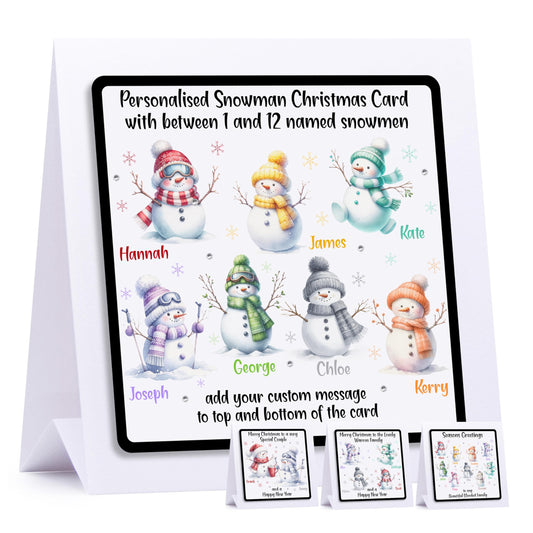 Personalised Christmas Card Family Christmas Card Snowmen - Embellished With Glittering Crystals From Swarovski Family or Couple 1-12 names